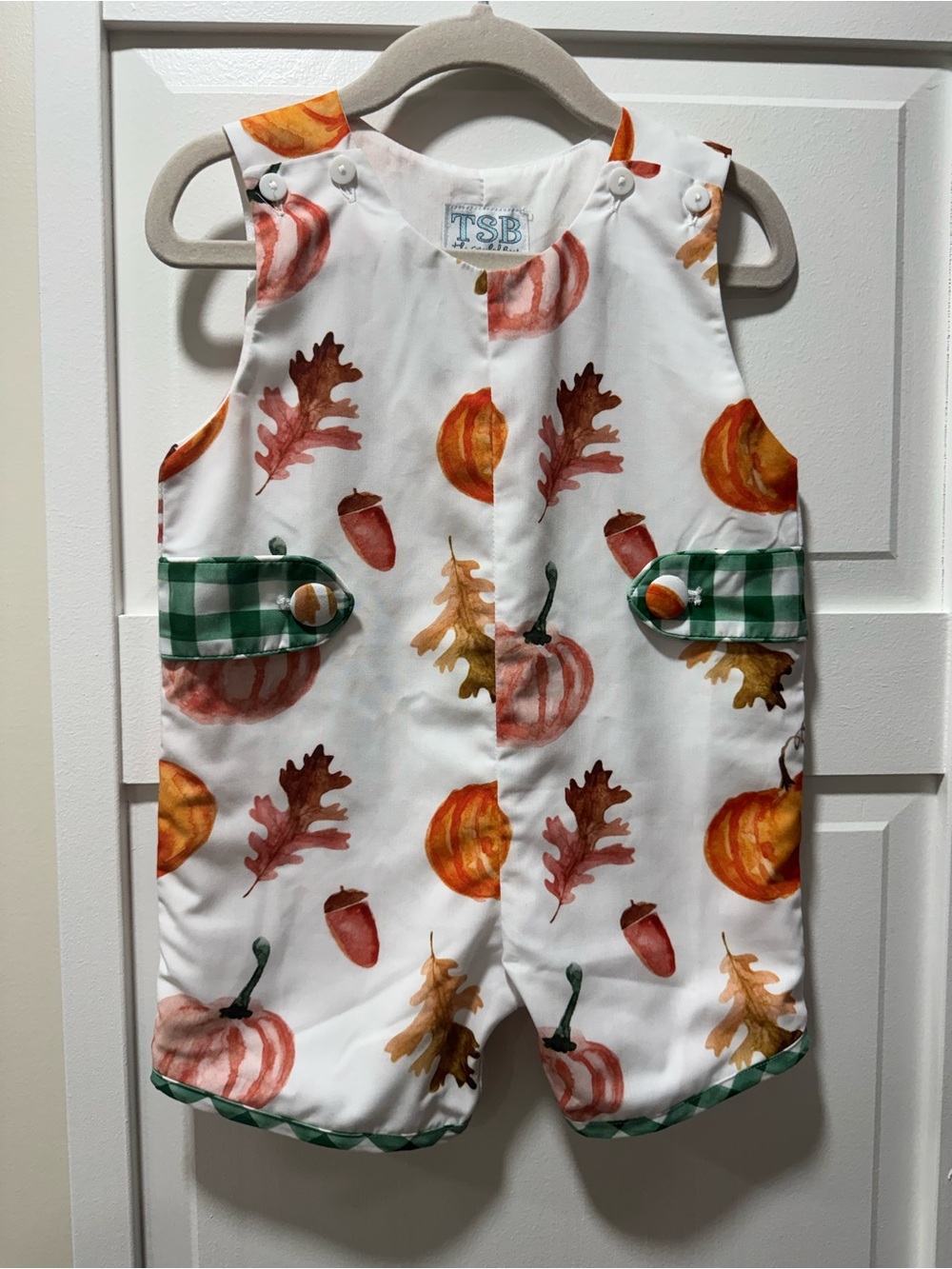 White Baby Romper with Pumpkin & Oak Leaf Print and Green Gingham Trim
